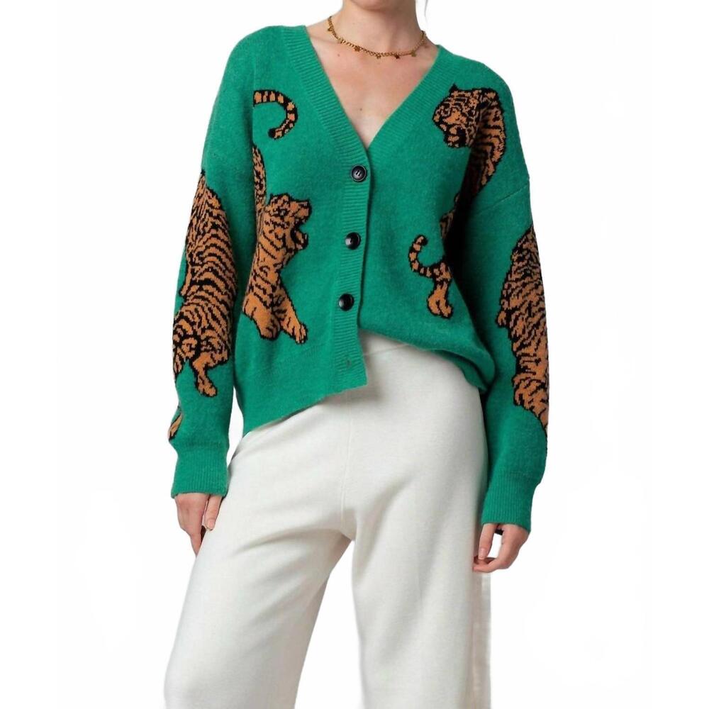 NEW URBAN DAIZY tiger knit cardigan in kelly green